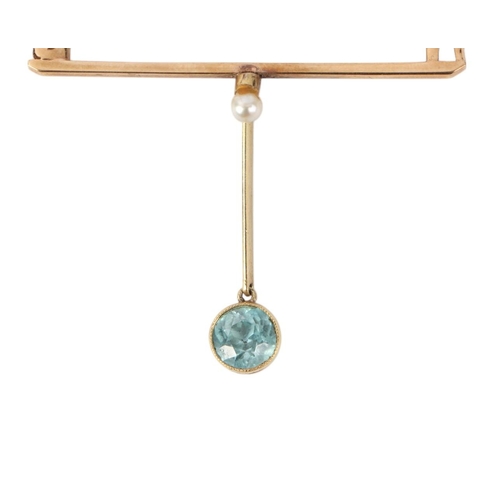 498 - A 9ct gold pearl and aquamarine pendant drop bar brooch, 2.3g.