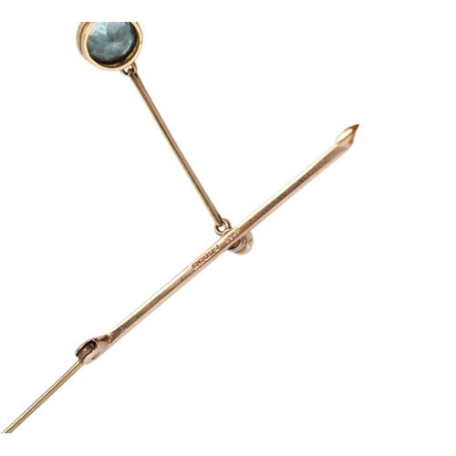 498 - A 9ct gold pearl and aquamarine pendant drop bar brooch, 2.3g.