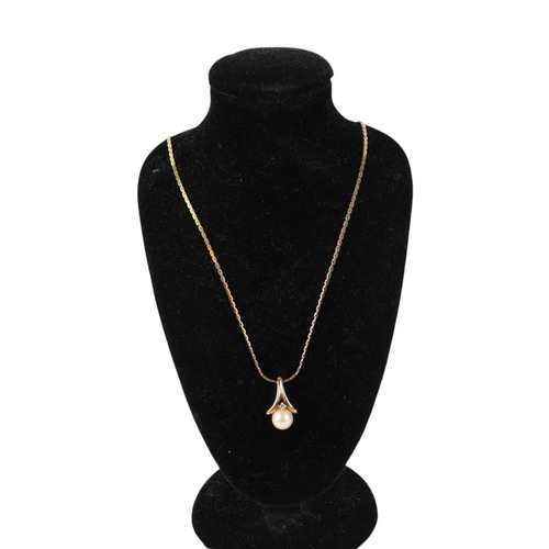 504 - A gold mounted diamond and pearl pendant on a 9ct gold necklace, 5.2g.