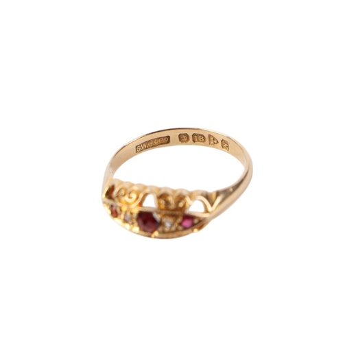 508 - A late Victorian 18ct gold gypsy style ring with ruby and garnet stones, approx UK size N, 2.9g.