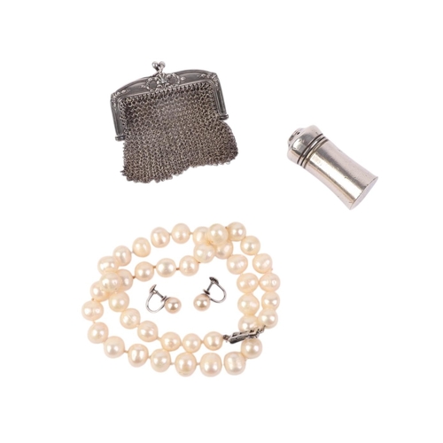 512 - A sterling silver miniature mesh coin purse with faux pearl earrings and necklace and a miniature si... 