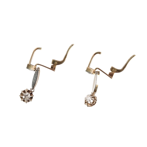 526 - A pair of yellow metal (tests as 18ct) diamond drop earrings, 3.4g.