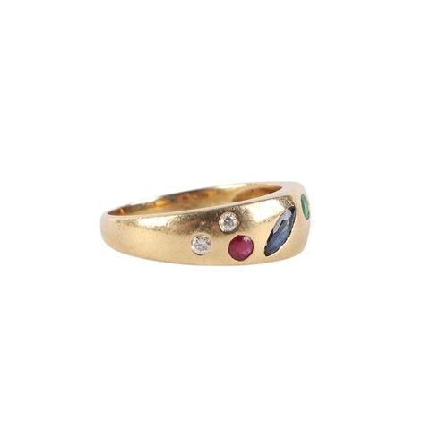 567 - A yellow metal (tests as 18ct) diamond, ruby, sapphire and emerald ring, approx UK size N, 5.4g.