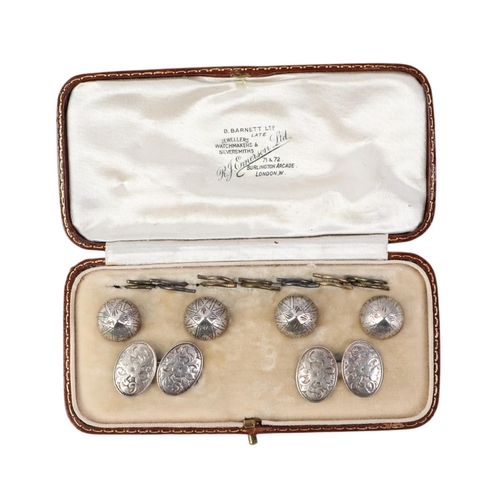 568 - A cased set of silver shirt studs and cufflinks, the cufflinks hallmarked for Chester and makers mar... 