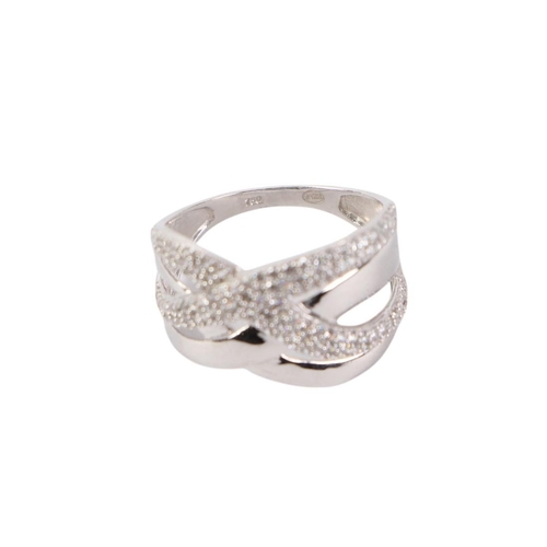 571 - A modern design 18ct white gold diamond set multi band ring, approx UK size M, 2.8g.