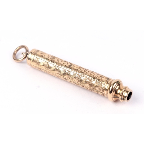 575 - A 9ct rose gold fob pencil with engraved decoration, 5.5cms long, 15.8g.