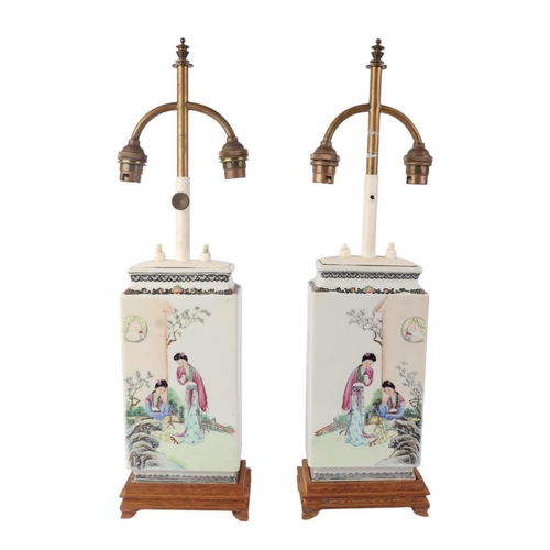 580 - A pair of square form Chinese Republic style table lamps decorated with figures in a landscape and c... 