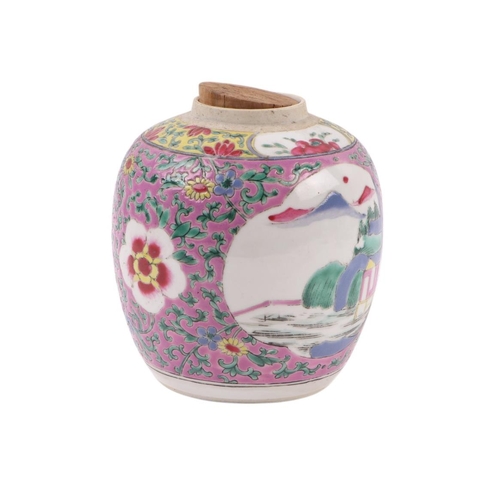 581 - A Chinese famille rose pot and cover, 22cms high; together with a Chinese blue and white vase, 26cms... 