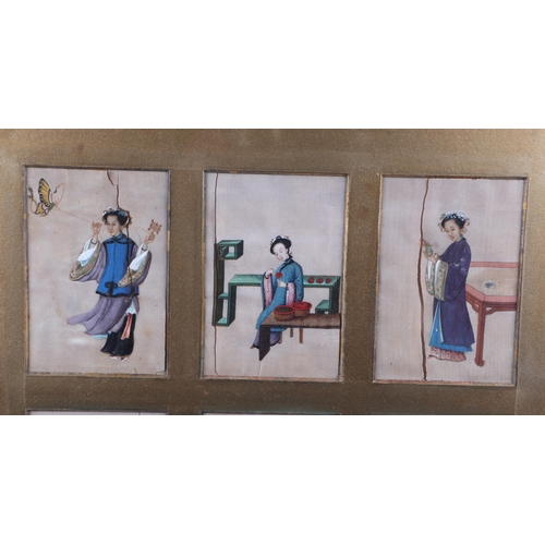 582 - Chinese school - a series of six watercolour paintings on pith paper depicting a lady in various int... 