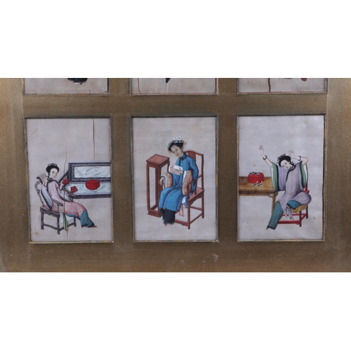 582 - Chinese school - a series of six watercolour paintings on pith paper depicting a lady in various int... 