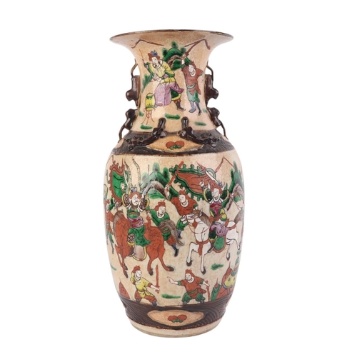 583 - A large Chinese crackleware famille rose vase decorated with warriors, incised four character mark t... 