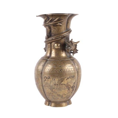 586 - A Chinese brass Gu vase with character mark to base, 24.5cms high, with hardwood wooden stand; toget... 