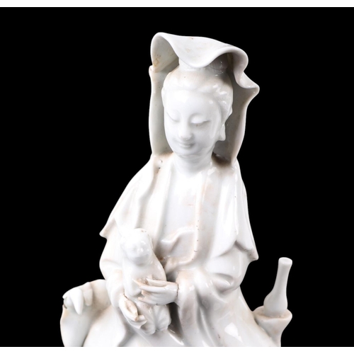 596 - A Chinese blanc de chine figure depicting Guanyin, 22cms high.