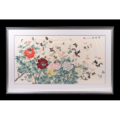 606 - A large Chinese watercolour depicting flowers with a multitude of butterflies and calligraphy, frame... 