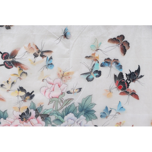 606 - A large Chinese watercolour depicting flowers with a multitude of butterflies and calligraphy, frame... 