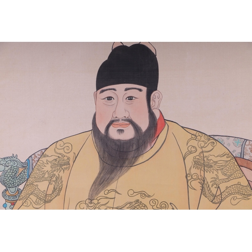 607 - A Chinese scroll painting depicting an ancestor, with calligraphy, 92 by 195cms.