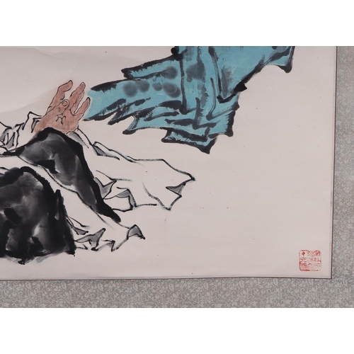 608 - A Chinese scroll painting depicting a sage and calligraphy, overall 75 by 164cms.