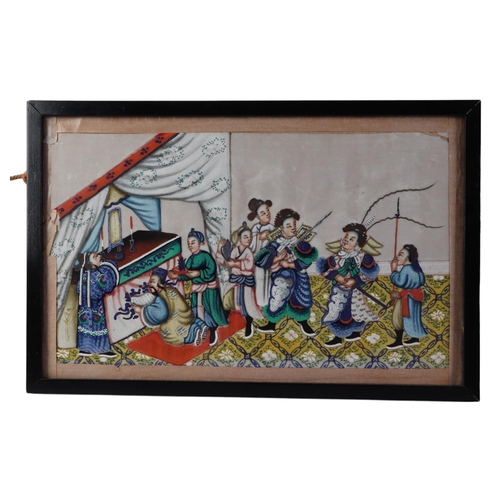 614 - A pair of Chinese watercolours on pith paper depicting busy court scenes with figures wearing ceremo... 