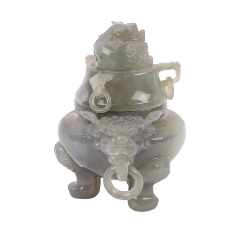 616 - A Chinese figured green hardstone censer with lion mask handles and fo dog finial, 15cms high.