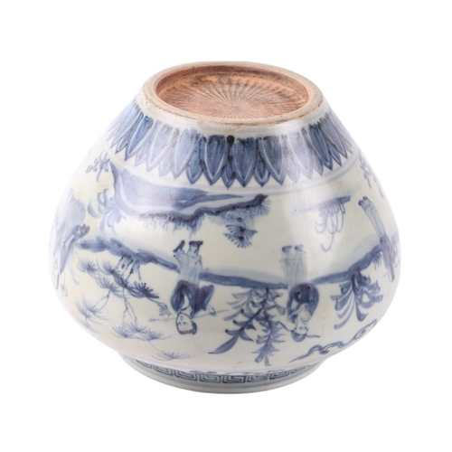 645 - A Chinese blue & white vase decorated with figures in a landscape, 16cms high.