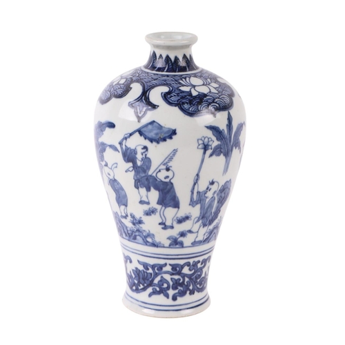 647 - A Chinese blue & white Meiping vase decorated with boys playing in a landscape, six character blue m... 