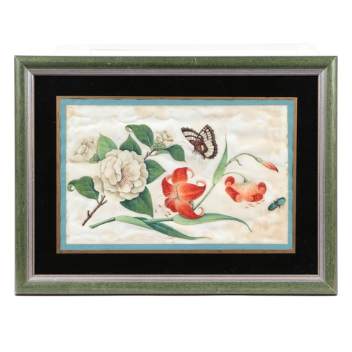 651 - A pair of Chinese watercolours on pith paper depicting butterflies and flowers, framed & glazed, eac... 