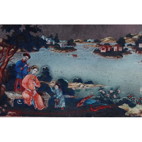 652 - A Chinese reverse decorated silvered mirror picture depicting a courting couple beside a lake, frame... 