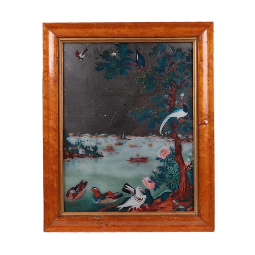 654 - A Chinese reverse decorated silvered mirror picture depicting a lake scene with Mandarin ducks and d... 