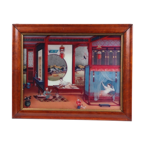 655 - A Chinese reverse decorated silvered mirror picture depicting a boudoir scene, framed, 40 by 30cms.