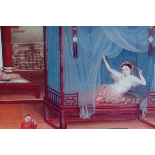 655 - A Chinese reverse decorated silvered mirror picture depicting a boudoir scene, framed, 40 by 30cms.