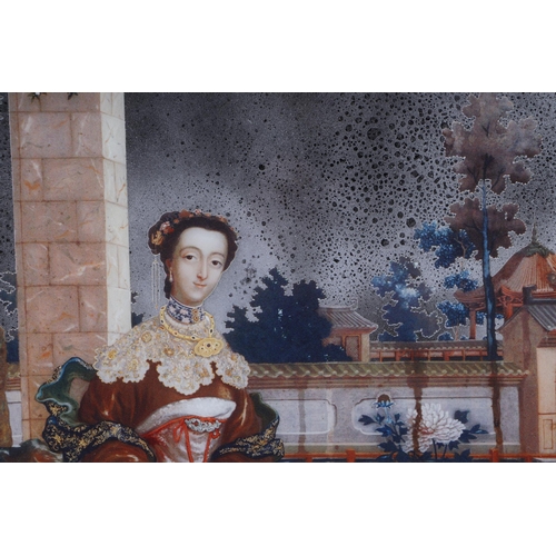 656 - A Chinese reverse decorated silvered mirror picture depicting a noble lady in a garden scene, framed... 