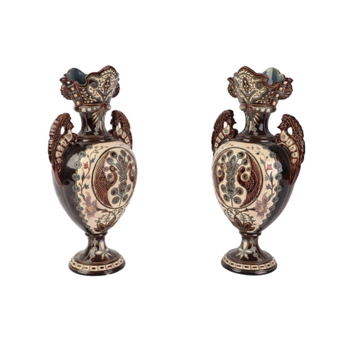 66 - A pair of late 19th century Austrian majolica pottery twin-handled pedestal baluster vases by Julius... 