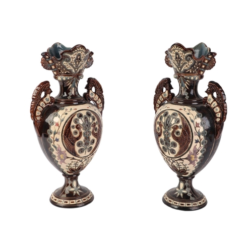 66 - A pair of late 19th century Austrian majolica pottery twin-handled pedestal baluster vases by Julius... 