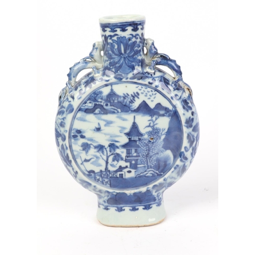 667 - A Chinese blue & white moon flask decorated with a river landscape scene, 22cms high.