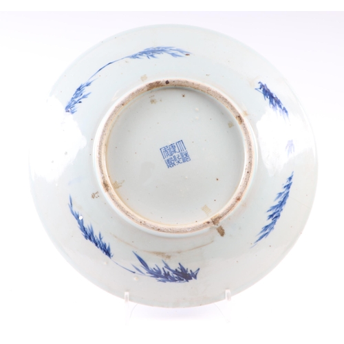 672 - A Chinese blue & white charger decorated with birds, butterflies and flowers, blue seal mark to the ... 