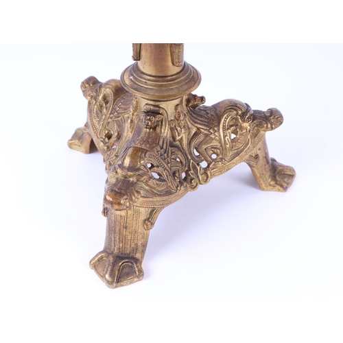 698 - A gilt bronze table lamp in the form of a German medieval pricket candlestick, 37cms high.