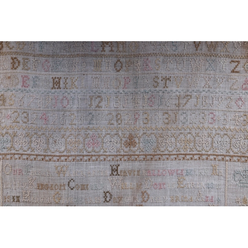 702 - An 18th century needlework sampler signed & dated 1782 with alphabet, verse, trees and birds within ... 