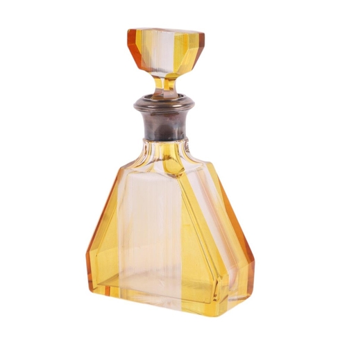 737 - A large French Art Deco silver mounted amber and clear glass decanter / oversized scent bottle, 25cm... 