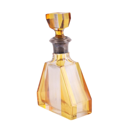 737 - A large French Art Deco silver mounted amber and clear glass decanter / oversized scent bottle, 25cm... 