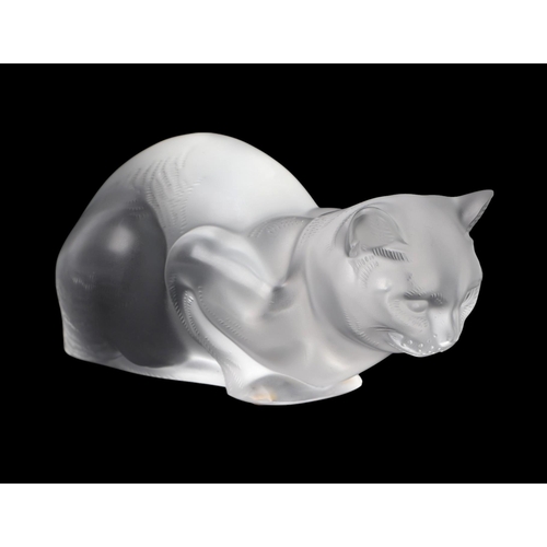 741 - A Lalique frosted glass figure depicting a crouching cat, numbered 1160200 with etched signature to ... 