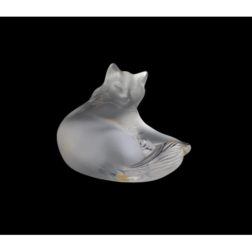 742 - A Lalique frosted glass figure of a recumbent cat with etched signature to the underside, 9cms wide.