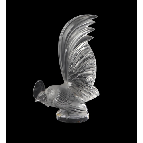 743 - A Lalique frosted glass figure of a Coq Nain rooster car mascot with etched signature to the base, 2... 