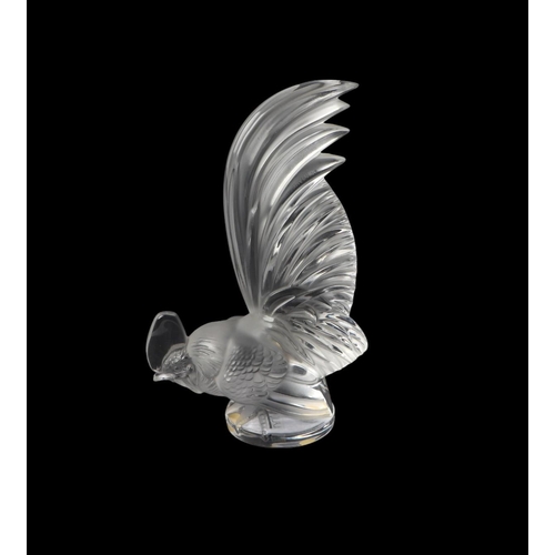 743 - A Lalique frosted glass figure of a Coq Nain rooster car mascot with etched signature to the base, 2... 