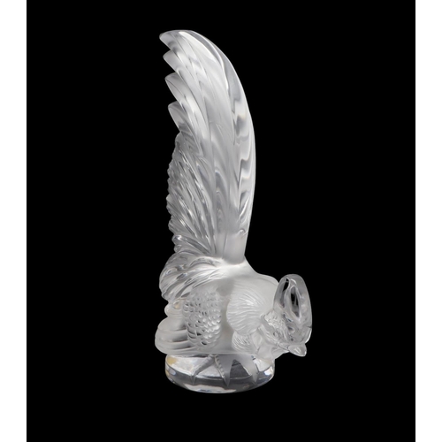 743 - A Lalique frosted glass figure of a Coq Nain rooster car mascot with etched signature to the base, 2... 