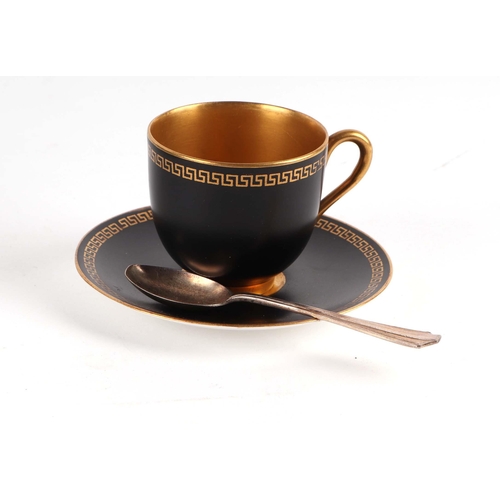 755 - A Royal Worcester black matt and gilt Greek Key design cased six-piece coffee cup and saucer set wit... 