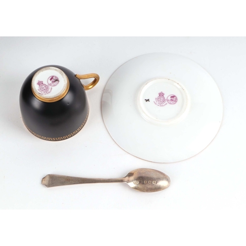 755 - A Royal Worcester black matt and gilt Greek Key design cased six-piece coffee cup and saucer set wit... 