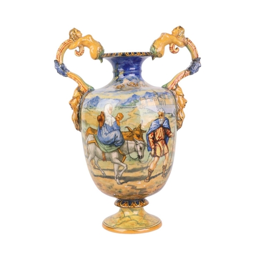 756 - A large Cantagalli style twin-handled vase decorated with classical scenes, 39cms high.