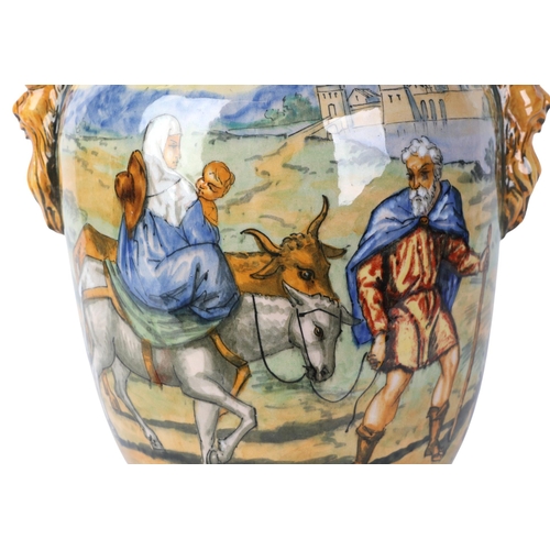 756 - A large Cantagalli style twin-handled vase decorated with classical scenes, 39cms high.