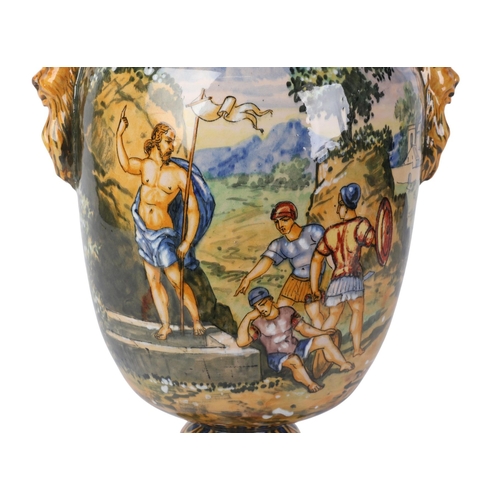 756 - A large Cantagalli style twin-handled vase decorated with classical scenes, 39cms high.