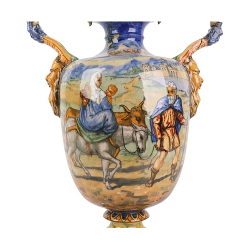 756 - A large Cantagalli style twin-handled vase decorated with classical scenes, 39cms high.